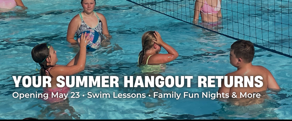 Children play volleyball and swim at the Solomon Municipal Pool with text overlay announcing &ldquo;Pool Season is Coming Soon! Opening Day is May 23.&rdquo;